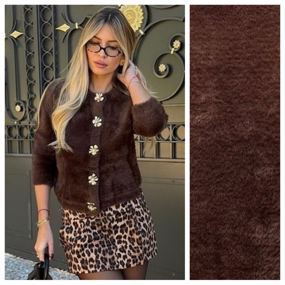 NWT. Zara Brown Fuzzy Knit Cardigan with Gold Colored Buttons. Size S.